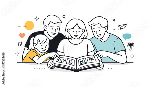 Family Photo Memories. Family looking through photo album. Family members sitting together and flipping through a photo album, smiling and pointing