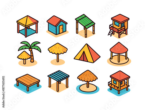 Beachside Shelter Icons. Beachside shelters. Colorful isometric vector icons set of beachside shelters: cabana, beach hut, bamboo shade, lifeguard tower, palm