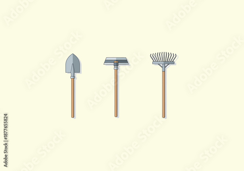 Vector Flat Concept Gardening Tools - Shovel, Hoe, and Rake for Yard Work.