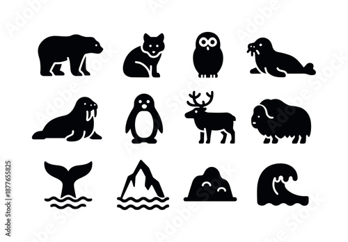 Arctic Animals Icons. Arctic animals in snow. Solid icon set of arctic animals in snow: polar bear, arctic fox, snowy owl, seal, walrus, penguin, caribou, musk