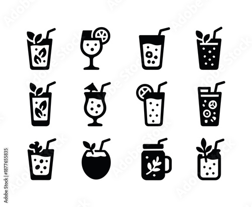 Mocktail Icons Collection. Mocktails. Solid icon set of mocktails: virgin mojito, fruit spritzer, citrus fizz, berry cooler, mint lemonade, tropical blend,