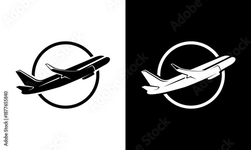 Airplane icons in circular frames, black and white illustrations, aviation symbols, graphic design elements