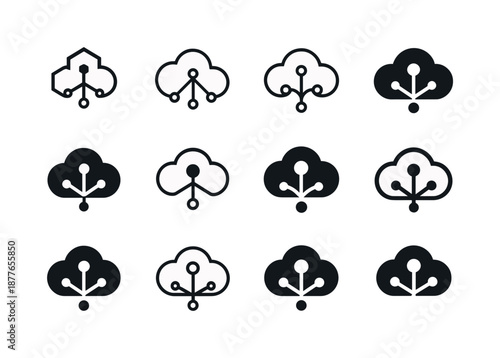 Tech Startup Logos. Tech startups. Icon set. Set Logo of tech startups: digital cloud hub. harmonious logo variations of the same emblematic concept, each with