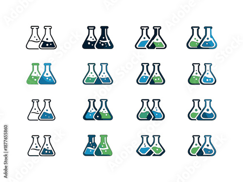 Volumetric Flask Logos. volumetric flasks. Icon set. Set Logo of volumetric flasks: dual flasks side-by-side. harmonious logo variations of the same emblematic