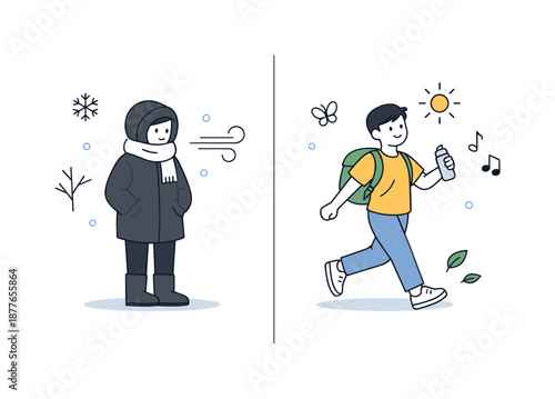 Seasonal Lifestyle Transition. Seasonal lifestyle transition. A person standing quietly in a winter coat on one side, becoming more active in lighter spring
