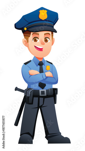 Friendly police boy standing with arms crossed. Vector cartoon character illustration