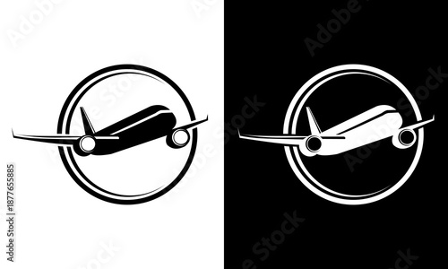 Airplane icons in circular frames, black and white illustrations showcasing different versions of the same design