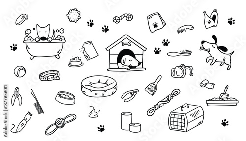 A large set of doodles with accessories for pet care. Pet shop, veterinary medicine, love for animals.