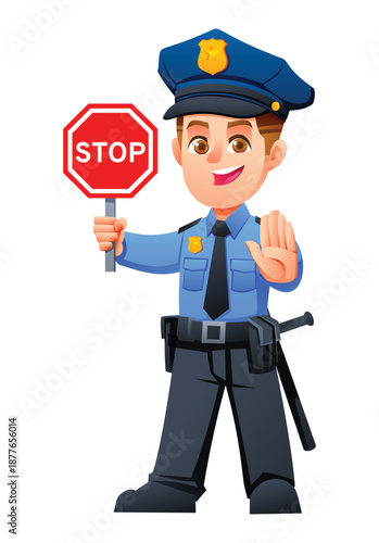 Brave little boy police officer holding a red stop sign and making a hand gesture. Vector cartoon character illustration