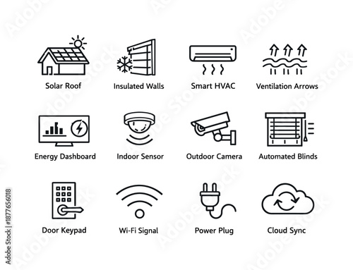 Smart Architecture Icons. Smart architecture features. Line icon set of Smart architecture features: solar roof, insulated walls, smart HVAC, ventilation