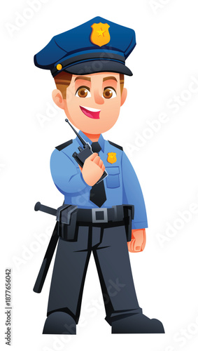 Young boy police officer in uniform holding a walkie talkie radio transmitter. Vector cartoon character illustration