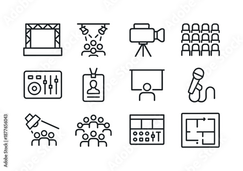 Broadcast Venue Icons. Broadcast venue. Line icon set of Broadcast venue: stage icon, lights over audience, camera on tripod, rows of chairs, sound equipment,
