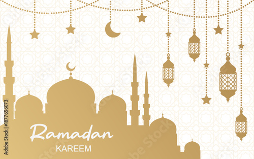 Islamic ornamental background with mosque, lanterns, stars and crescent. Eid Mubarak, Ramadan Kareem greeting card, banner or poster