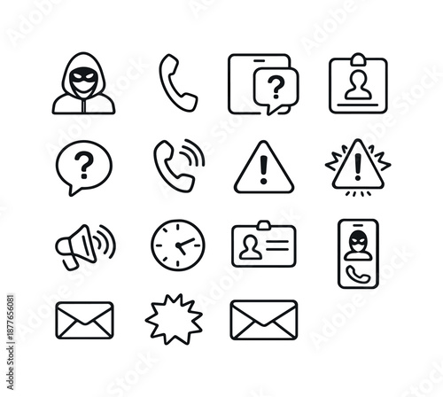Mystery Caller Icons. Mystery caller. Line icon set of mystery caller: masked silhouette, phone receiver, unknown ID icon, question bubble, vibration lines,