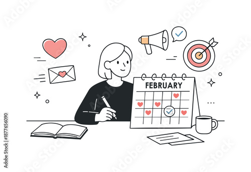 February Marketing Focus. February Marketing Illustration. A clean editorial scene with a marketer reviewing a calendar marked February, soft heart and