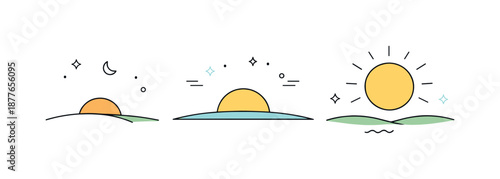 Seasonal Light Transition. Seasonal light shift. Abstract sun and horizon elements showing days getting longer and brighter. Smooth transition, quiet rhythm,