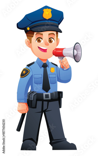 Enthusiastic boy police officer using a megaphone to give public announcements. Vector cartoon character illustration