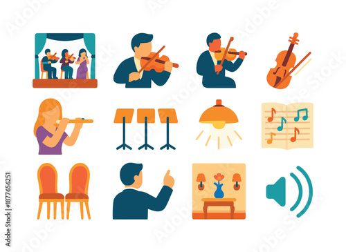 Chamber Music Icons. Chamber Performances. Colorful flat vector icons set of Chamber Performances: small ensemble stage, violinist, cellist, flutist, music