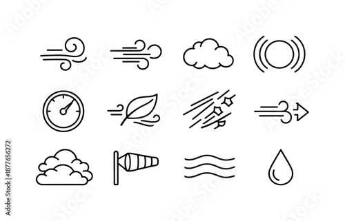 Wind Icon Collection. Wind and atmosphere. Line icon set of wind and atmosphere: wind swirl, gust lines, cloud puff, pressure wave, barometer, breeze leaf,
