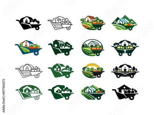 Farm Logo Variations. A small farm with a hand-built greenhouse for growing vegetables. Icon set. Set Logo of A small farm with a hand-built greenhouse for