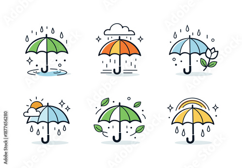 Geometric Umbrellas Art. Rainy spring umbrella icons. Clean geometric umbrellas paired with soft rain symbols and abstract accents, expressing freshness and