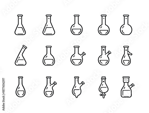 Laboratory Flask Icons. Types of Laboratory Flasks. Line icon set of Types of Laboratory Flasks: volumetric flask, Erlenmeyer flask, Florence flask, boiling
