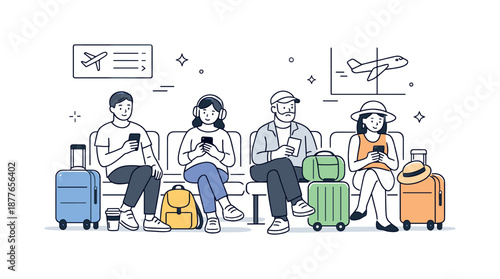 Calm Airport Lounge Scene. Airport travelers waiting. Passengers sitting in a departure lounge with luggage and phones, relaxed and patient posture. Quiet