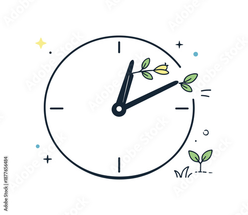 Spring Time Transition. Symbolic Visuals: Clock Pointing to Spring. Minimal clock face with hands moving toward small spring symbols like leaves and buds. Calm