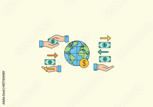 Vector Flat Concept Global Money Transfer - Hands Exchanging Currency Around the World.