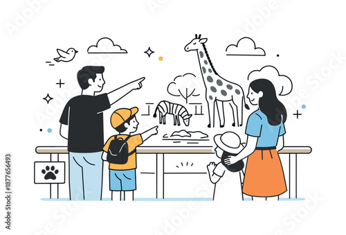 Family Zoo Adventure. Zoo family visit. A family standing near an animal enclosure, pointing and observing together. Calm discovery and joyful curiosity in a
