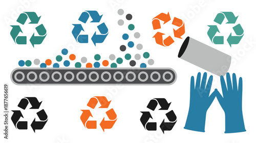Recycling process vector illustration featuring conveyor belt and protective gloves in flat design, ideal for sustainability education, eco-friendly workflows, waste sorting, and high ranking creative