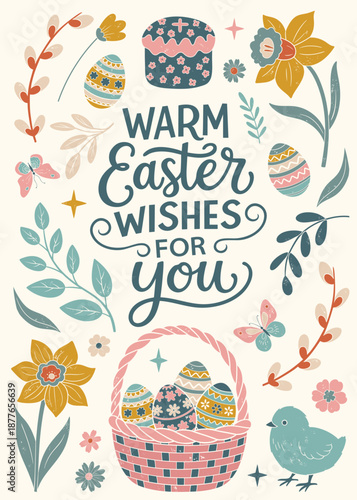 Spring easter greeting card in flat textured style. Vintage  seasonal design with lettering, easter eggs and floral elements