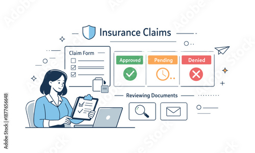 Efficient Claims Processing. Insurance claims processing. Administrator checking claim documents and approval status cards on a digital interface. Feeling of