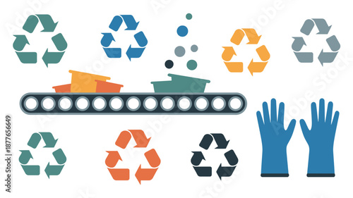 Recycling process with conveyor belt and gloves in flat style, vector illustration for waste management, environmental awareness, industrial workflow, sustainable practices, and professional graphic