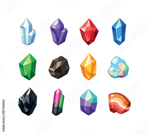 Colorful Crystal Icons. Crystal Shards. Colorful flat vector icons set of Crystal Shards: quartz shard, amethyst shard, ruby shard, sapphire shard, emerald