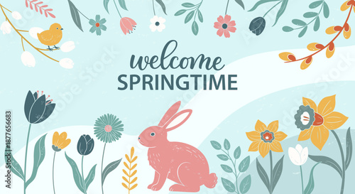 Cute springtime banner in flat style. Pastel botanical poster with bunny, bird, flowers and text welcome springtime.