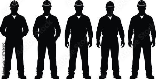 Five black silhouettes of male construction workers wearing hard hats standing in a row, isolated on white background, industrial vector.