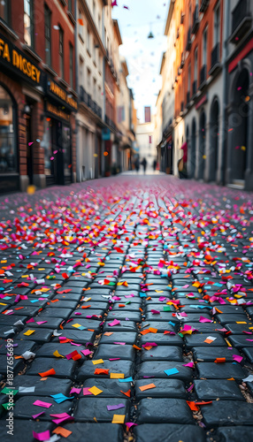 Colorful confetti scattered on cobblestone street in urban setting  