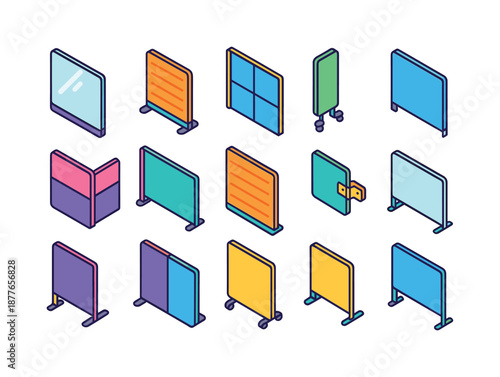 Colorful Office Partitions. Office partition screens. Colorful isometric vector icons set of office partition screens: frosted office divider, acoustic panel