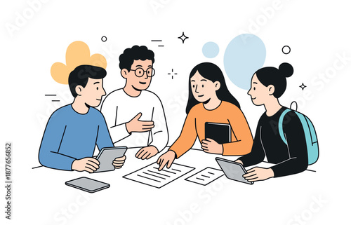 Collaborative Student Discussion. University collaboration. Small group of students discussing a project around a table with tablets and documents. Calm