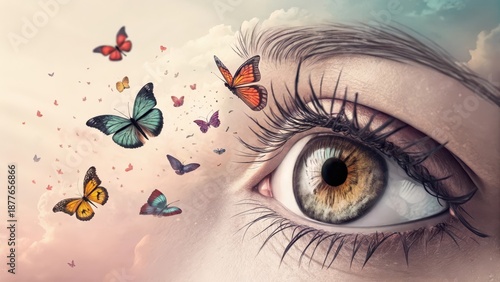 Butterflies flying from open eye symbolizing imagination and dreams