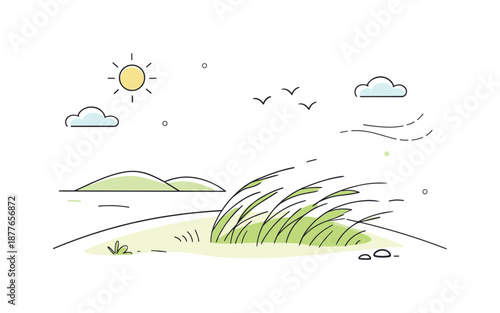 Gentle Spring Breeze. Soft wind spring concept. A minimal landscape where grass bends slightly under a gentle breeze. The mood is peaceful, natural, and