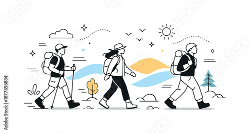 Hiking Adventure Simplicity. People hiking adventure mood. Walking figures with light motion lines and abstract natural elements around. Freedom, movement, and