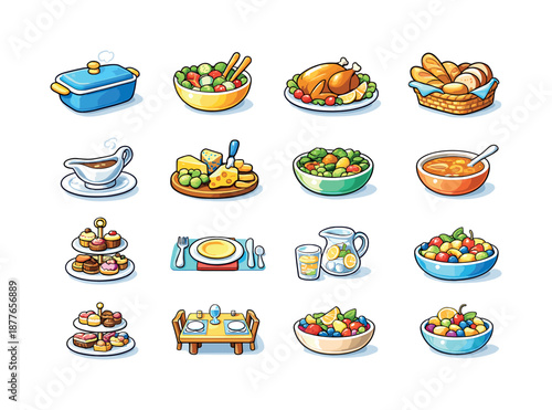 Family Dinner Icons. Family dinners. Colorful isometric vector icons set of family dinners: casserole dish, salad bowl, roasted chicken, breadbasket, gravy