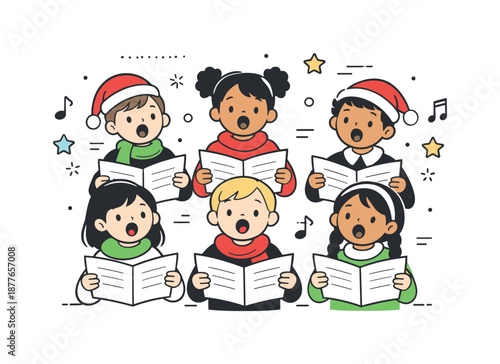 Holiday Choir Harmony. Kids performing holiday concert choir. Group of children singing in harmony, holding sheet music. Warm seasonal mood and shared musical