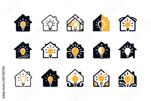 Smart Home Logos. Smart home integration in modern architecture. Icon set. Set Logo of Smart home integration in modern architecture: smart lighting bulb