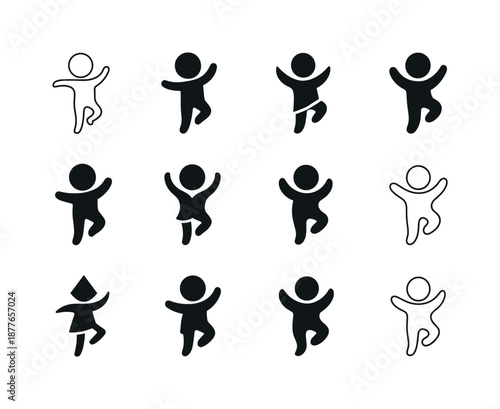Children's Dance Icons. Children's dance. Icon set. Set Logo of children's dance: dancing child silhouette. harmonious logo variations of the same emblematic