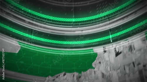 Dynamic 3D news broadcast intro featuring a rotating stylized globe, spinning rings, and digital HUD elements on a dark sport green background with the text NEWS