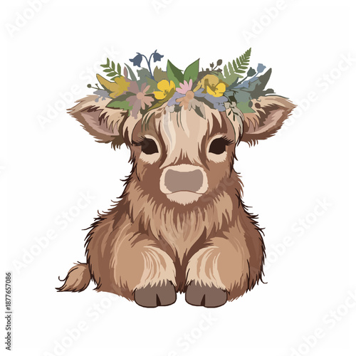 Fluffy baby Highland cow with floral crown decorative storybook vector illustration