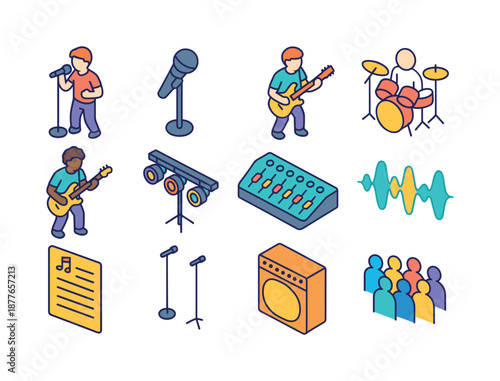 Isometric Band Icons. Band Performance. Colorful isometric vector icons set of Band Performance: lead singer, backup mic, guitarist figure, drummer outline,